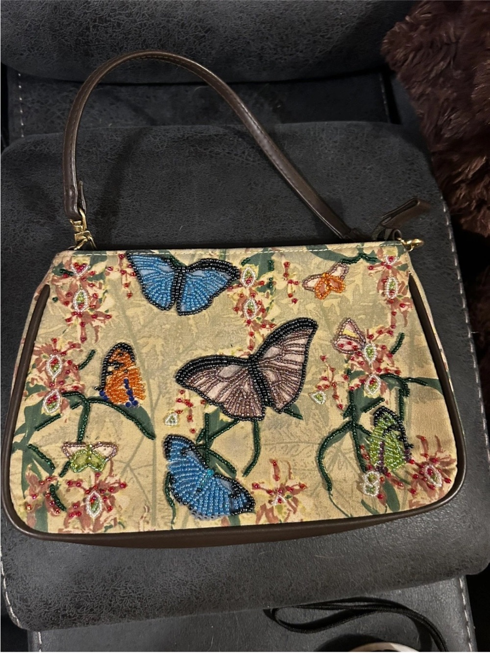 Embroidered beaded Butterfly Beige Shoulder Bag